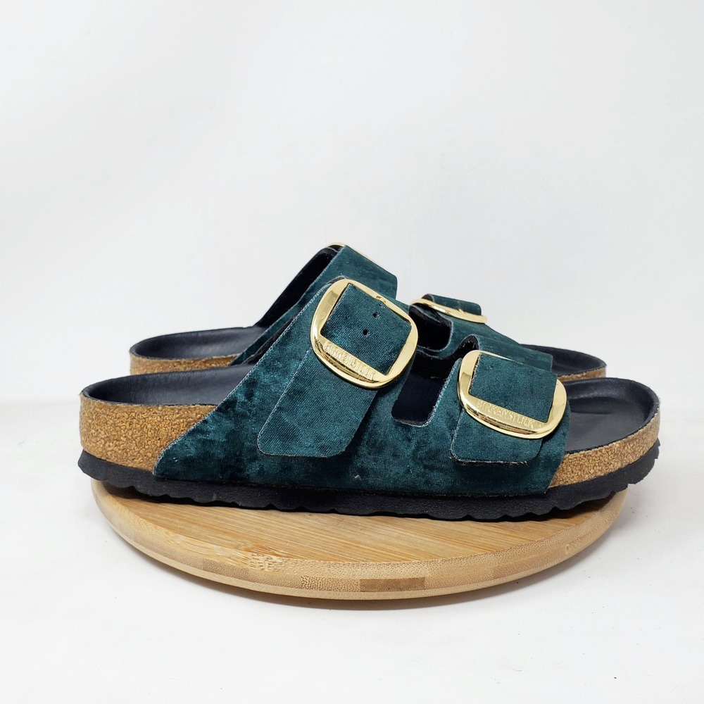 Birkenstock Arizona Big Buckle Sandals 38 Womens 7 Green Velvet Gold Slide Shoes